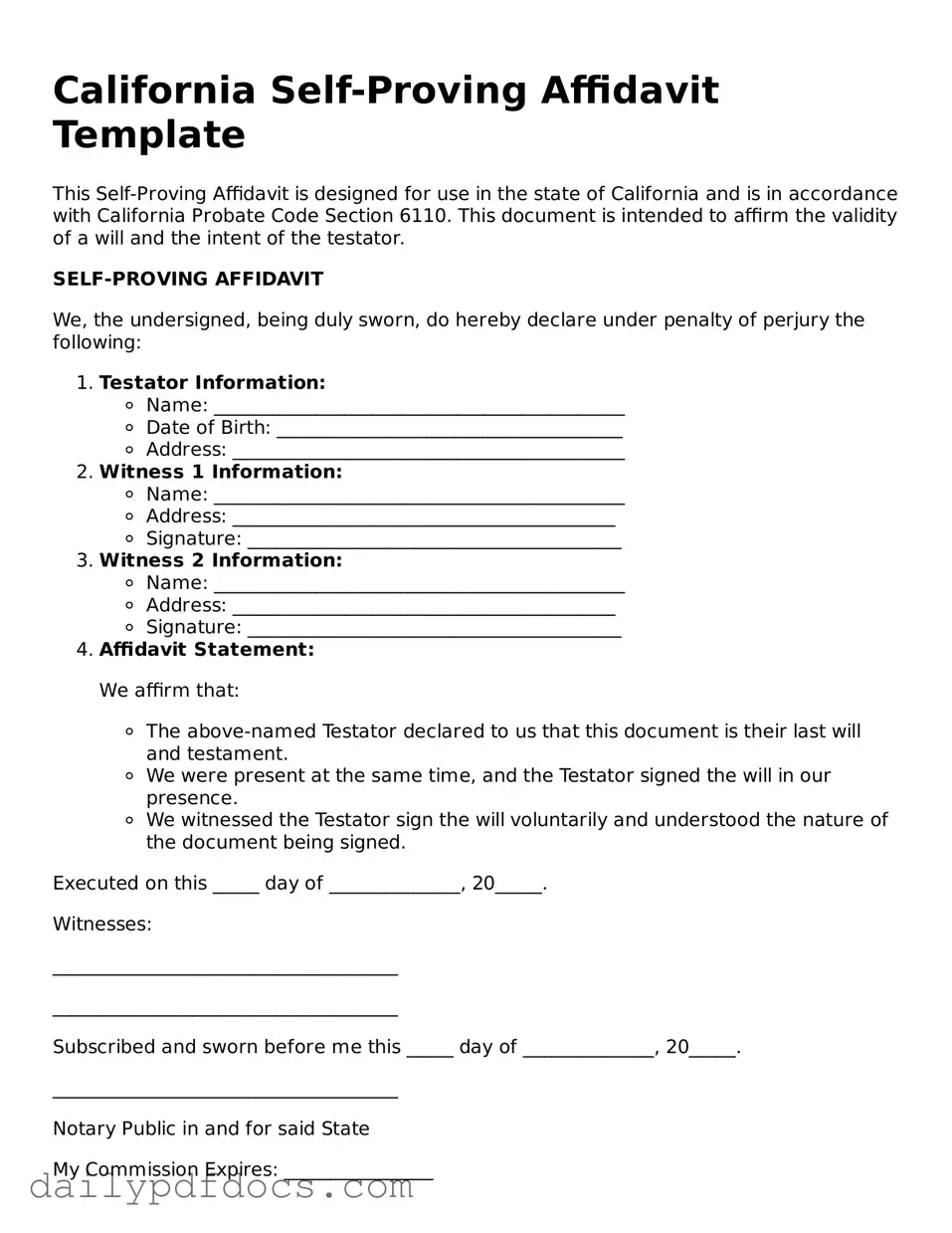 Printable  Self-Proving Affidavit Document for California