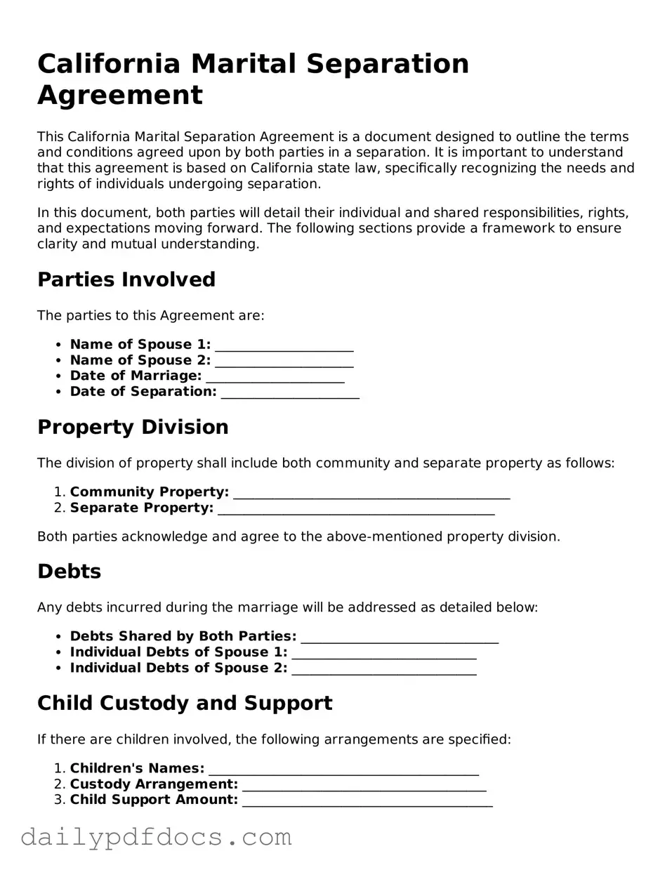 Printable  Marital Separation Agreement Document for California