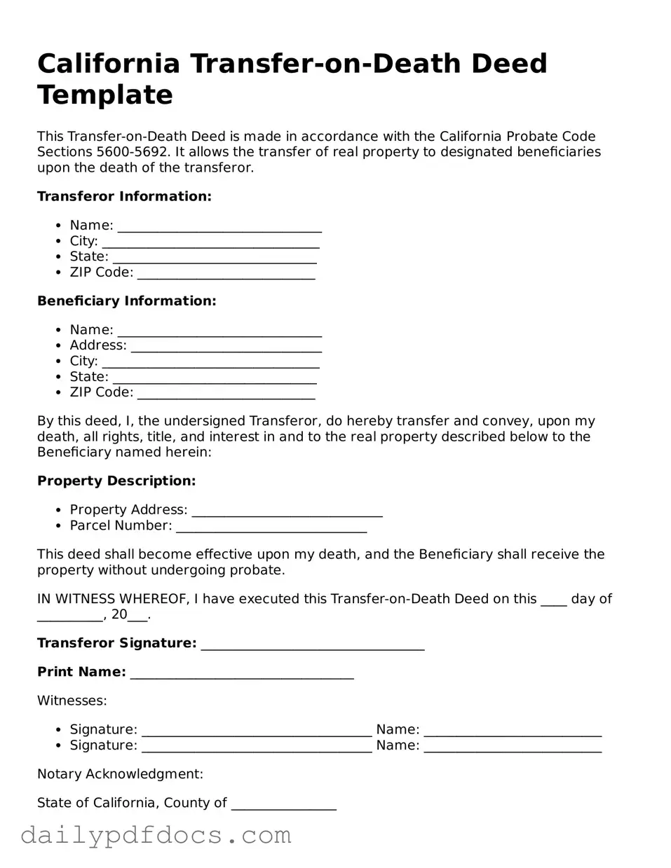 Printable  Transfer-on-Death Deed Document for California