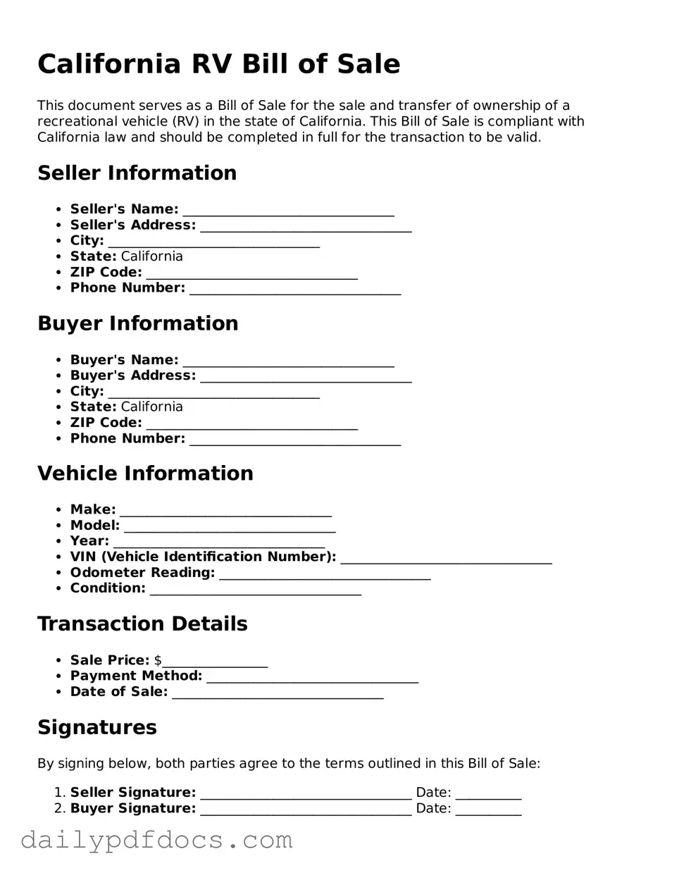 Printable  RV Bill of Sale Document for California