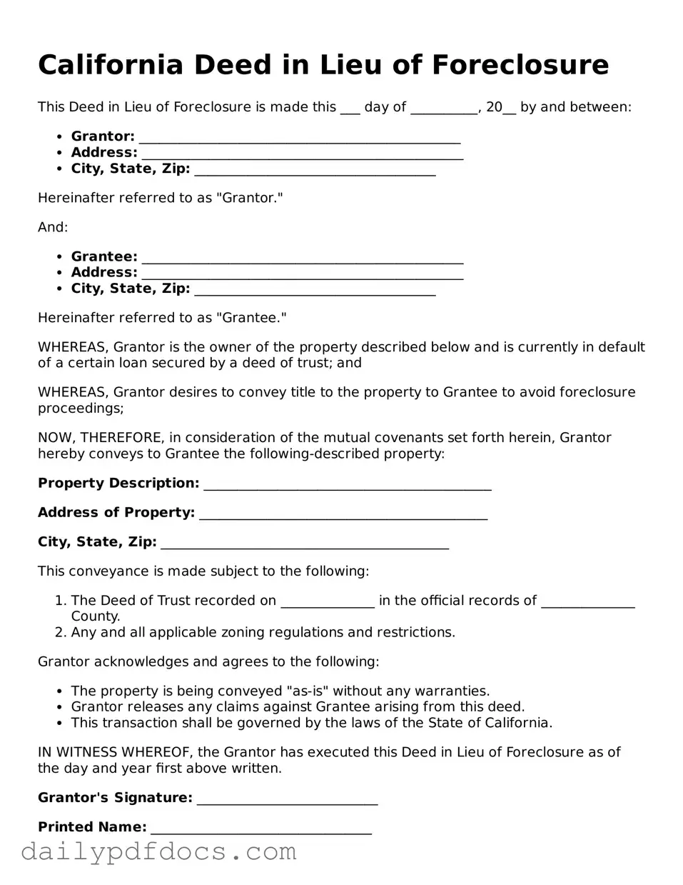 Printable  Deed in Lieu of Foreclosure Document for California