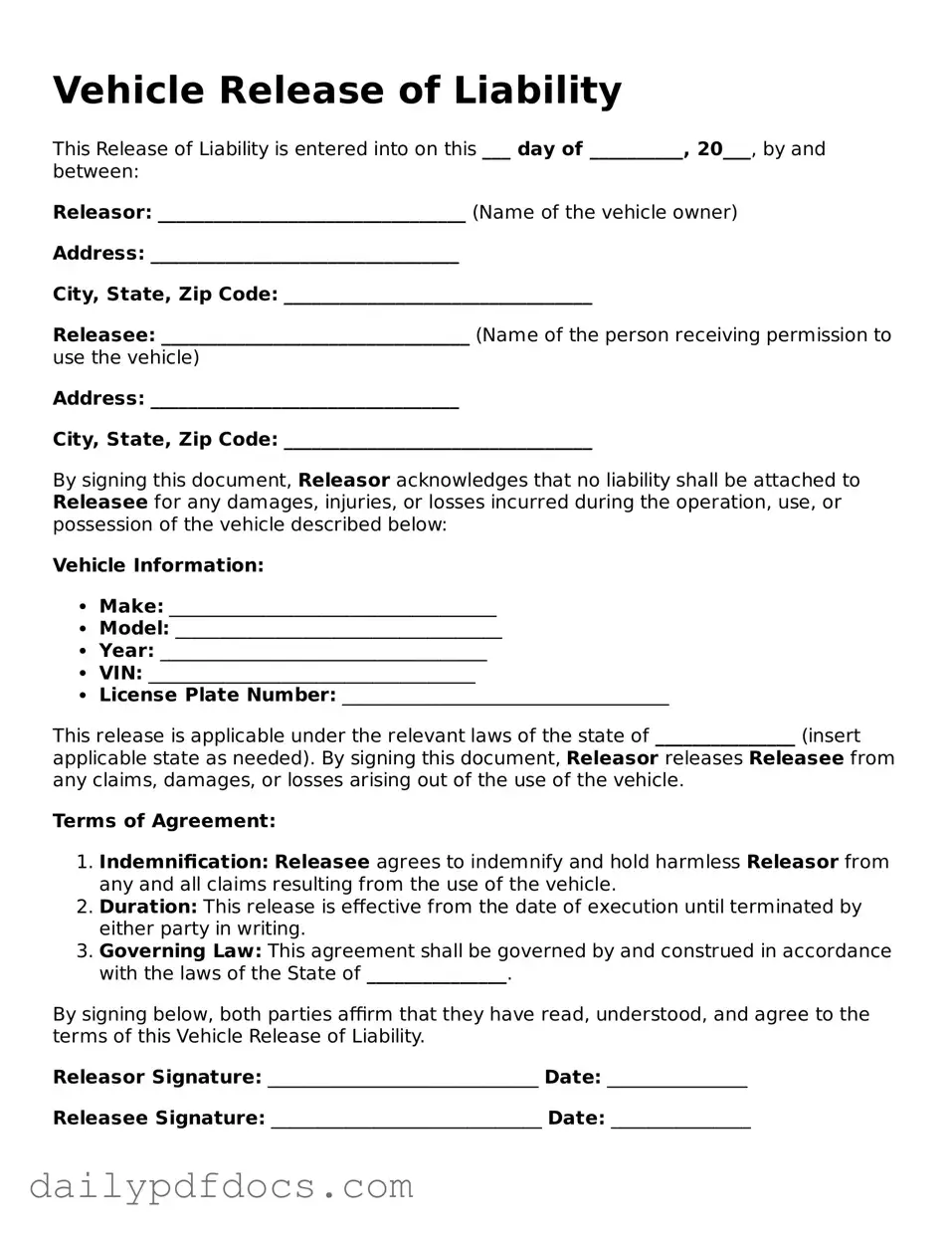 Free Vehicle Release of Liability Template