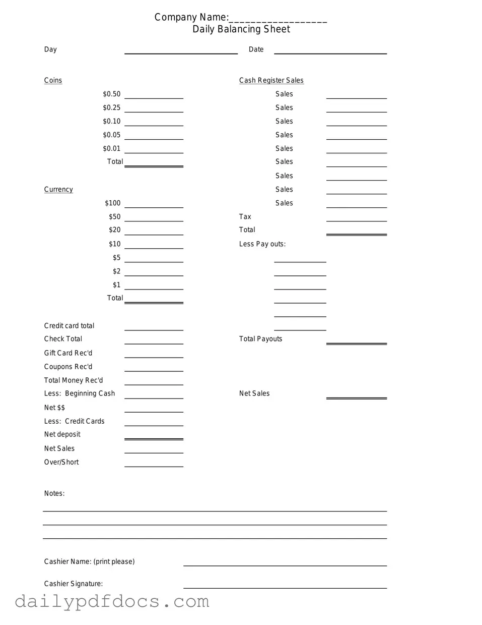 Fill Your Cash Drawer Count Sheet Form
