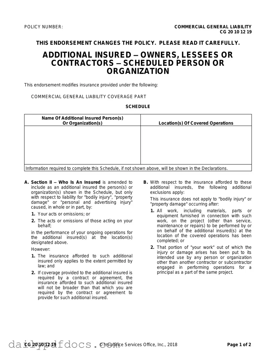 Fill Your Cg 20 10 07 04 Liability Endorsement Form