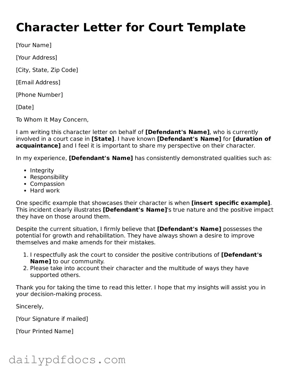 Free Character Letter for Court Template