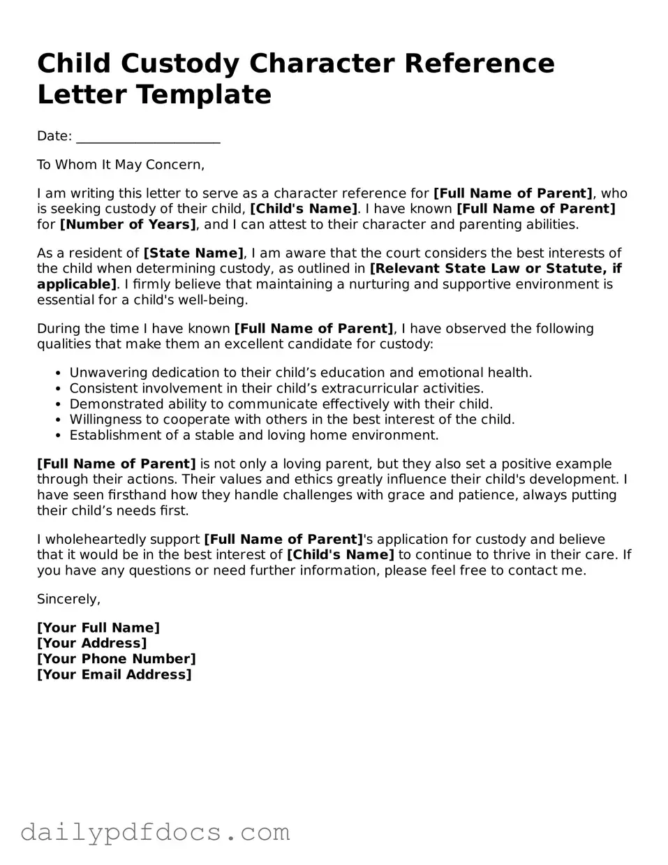 Free Character Reference Letter for Child Custody Template