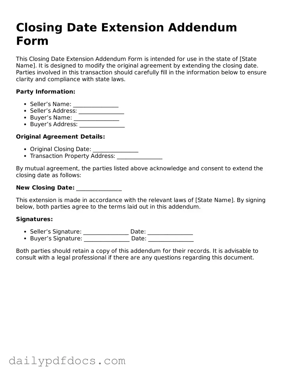 Free Closing Date Extension Addendum Form Template