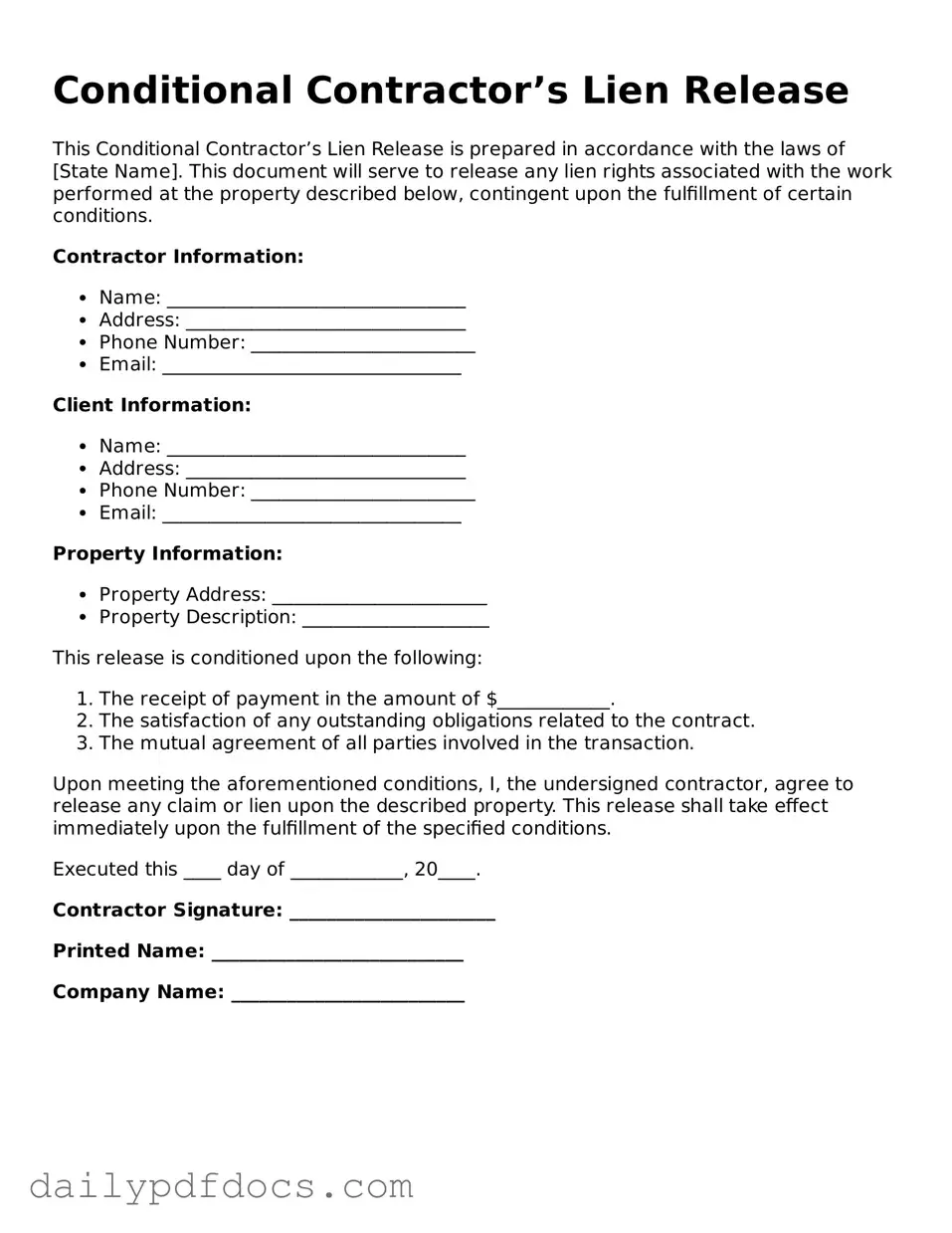 Free Conditional Contractor’s Lien Release Template