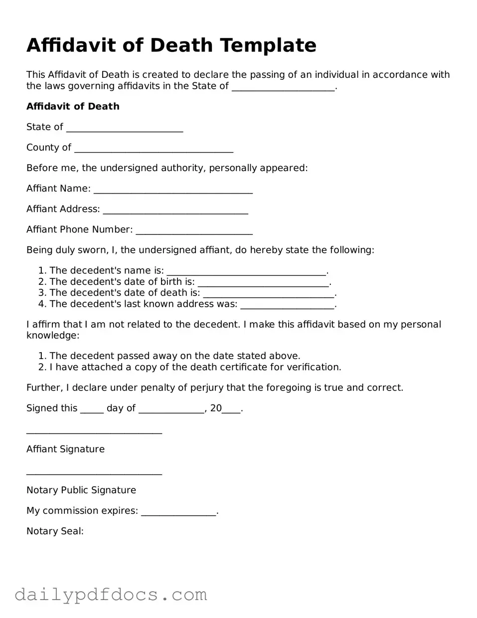 Free Affidavit of Death Template