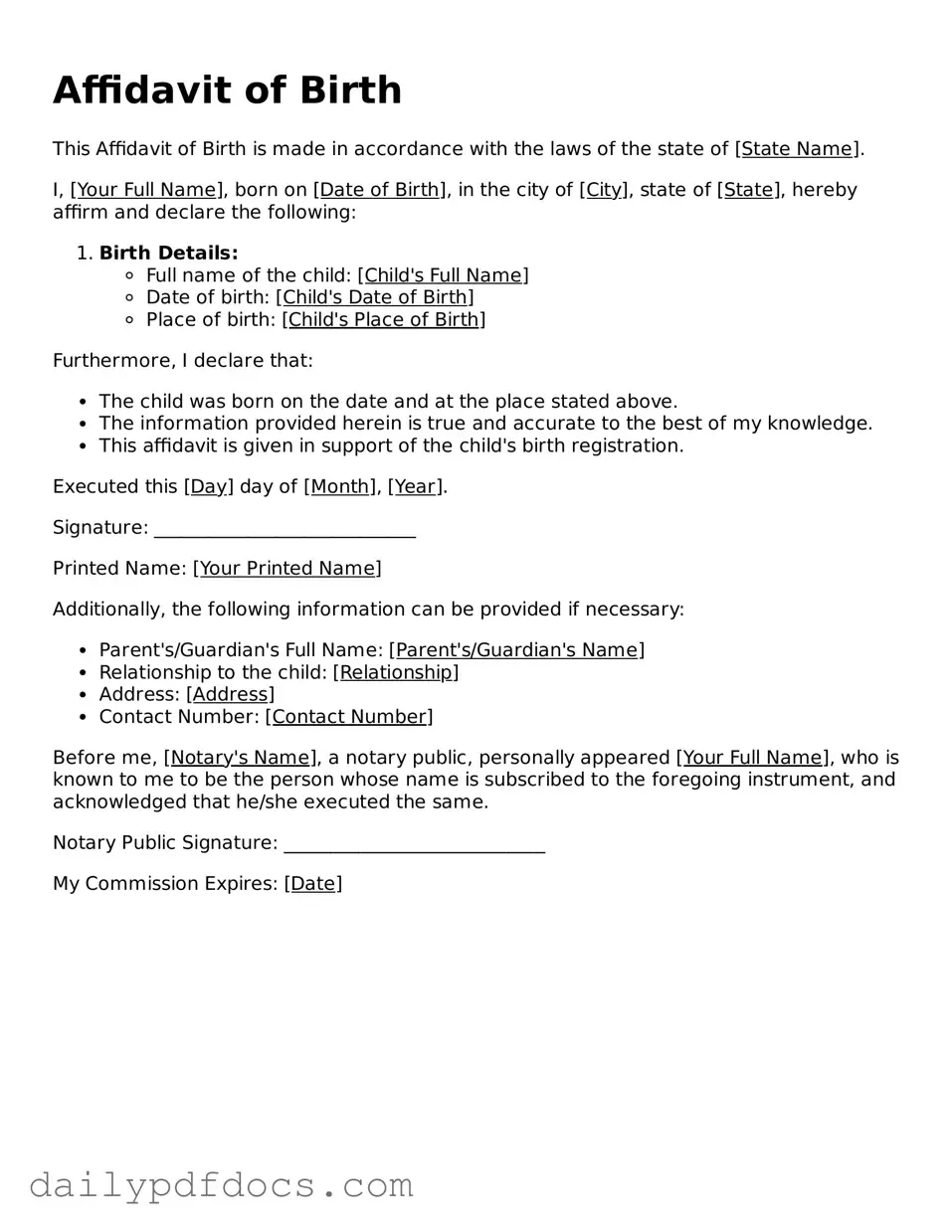 Free Affidavit of Birth Template