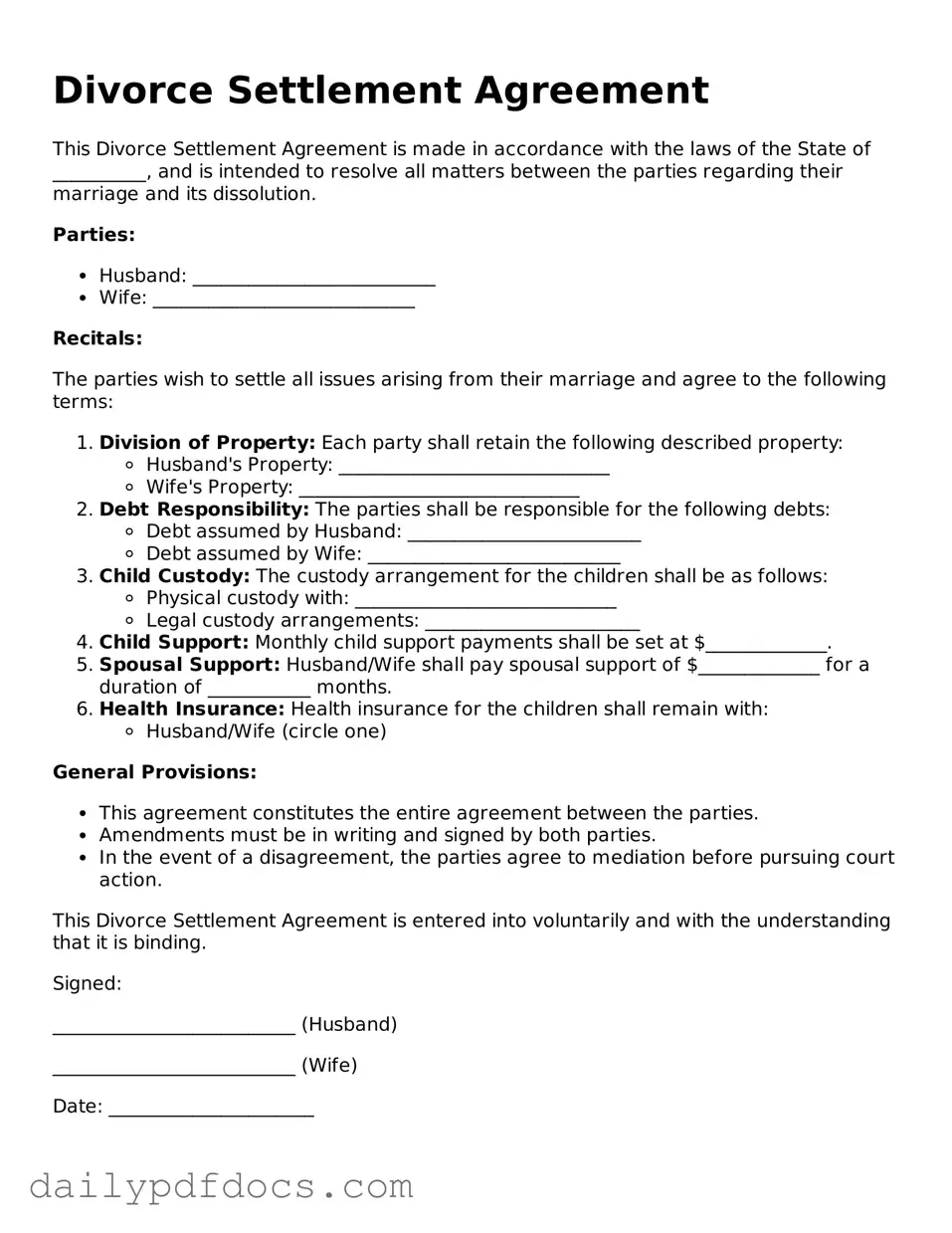 Free Divorce Settlement Agreement Template
