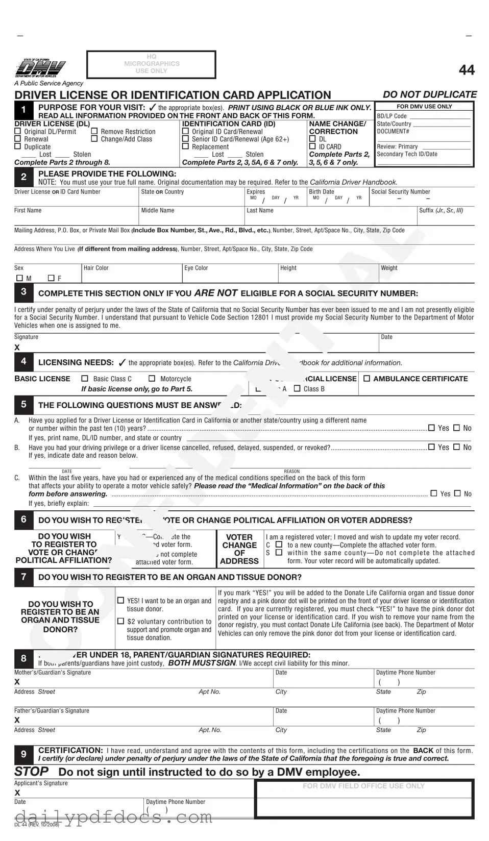 Fill Your Ca Dmv Dl 44 Form
