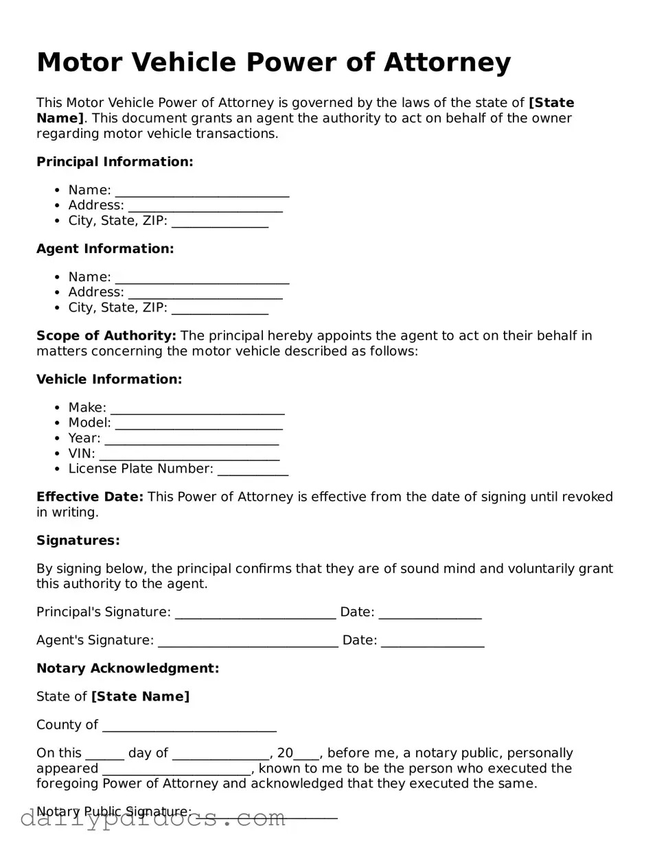 Free Motor Vehicle Power of Attorney Template