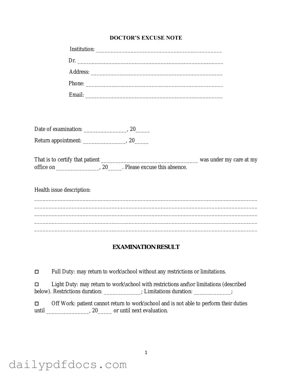 Fill Your Doctors Excuse Note Form
