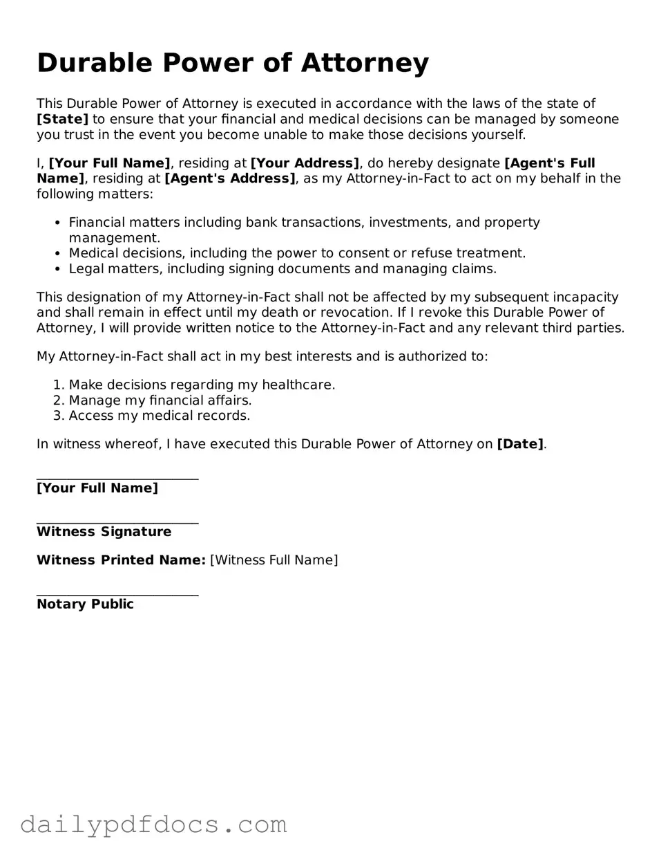 Free Durable Power of Attorney Template