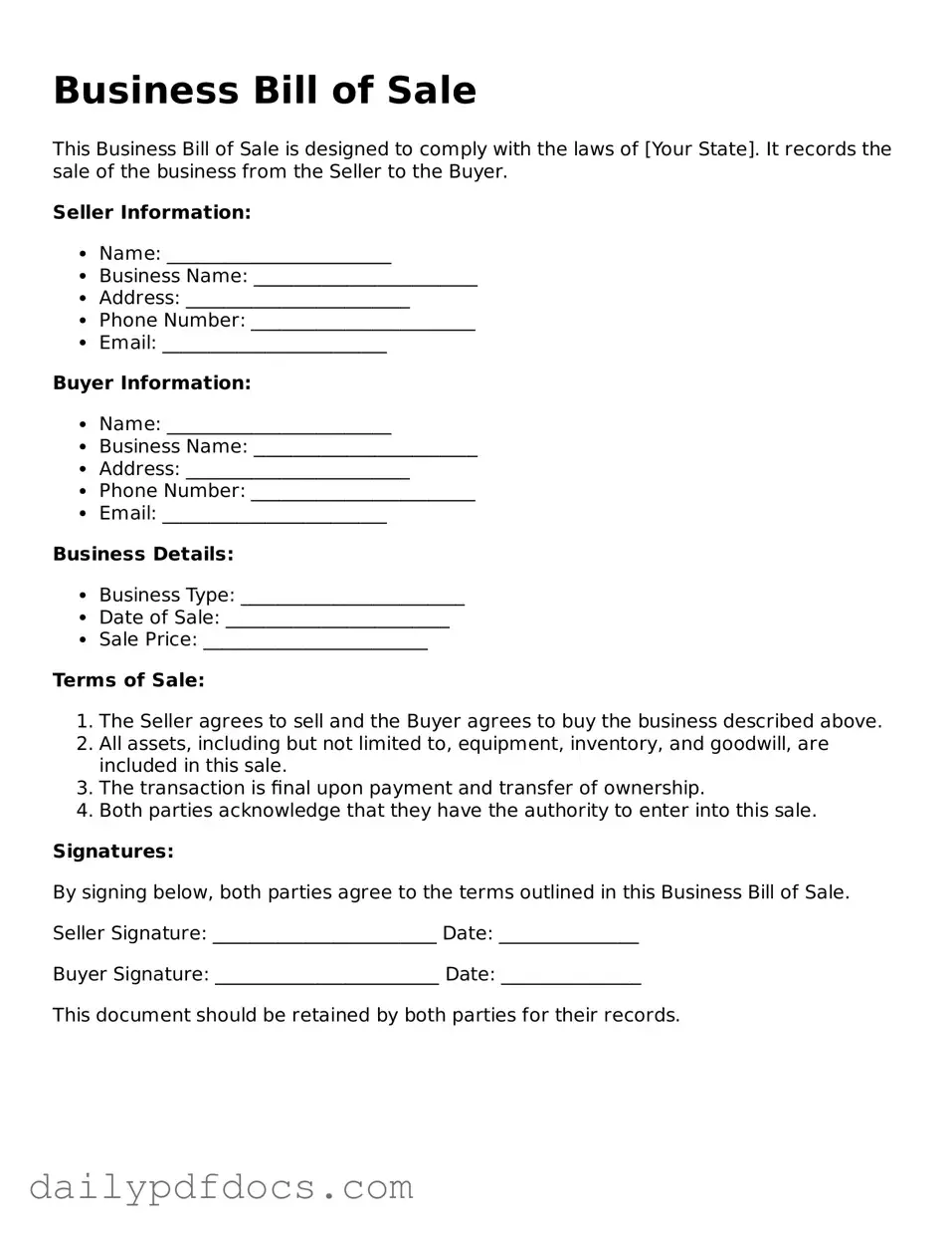 Free Business Bill of Sale Template