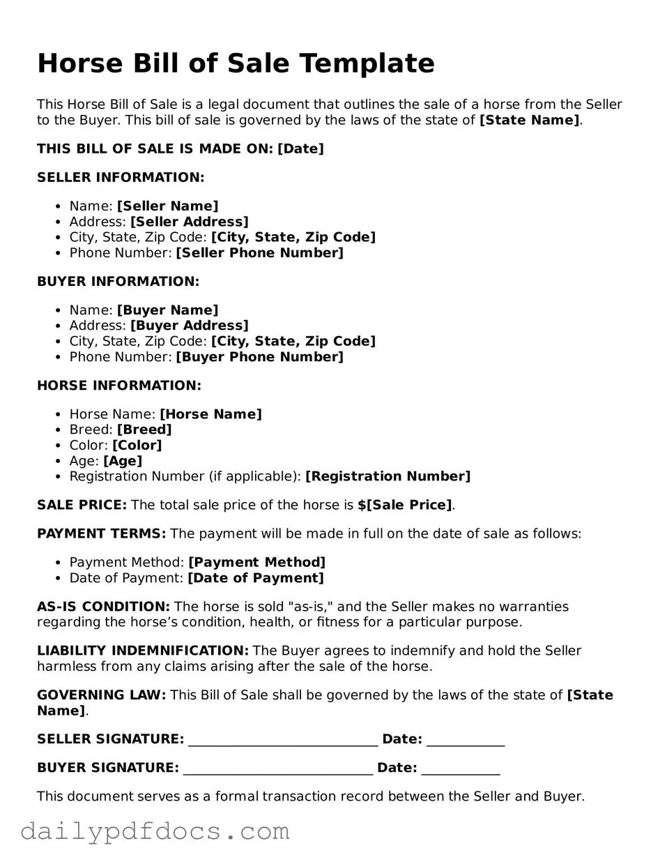 Free Horse Bill of Sale Template