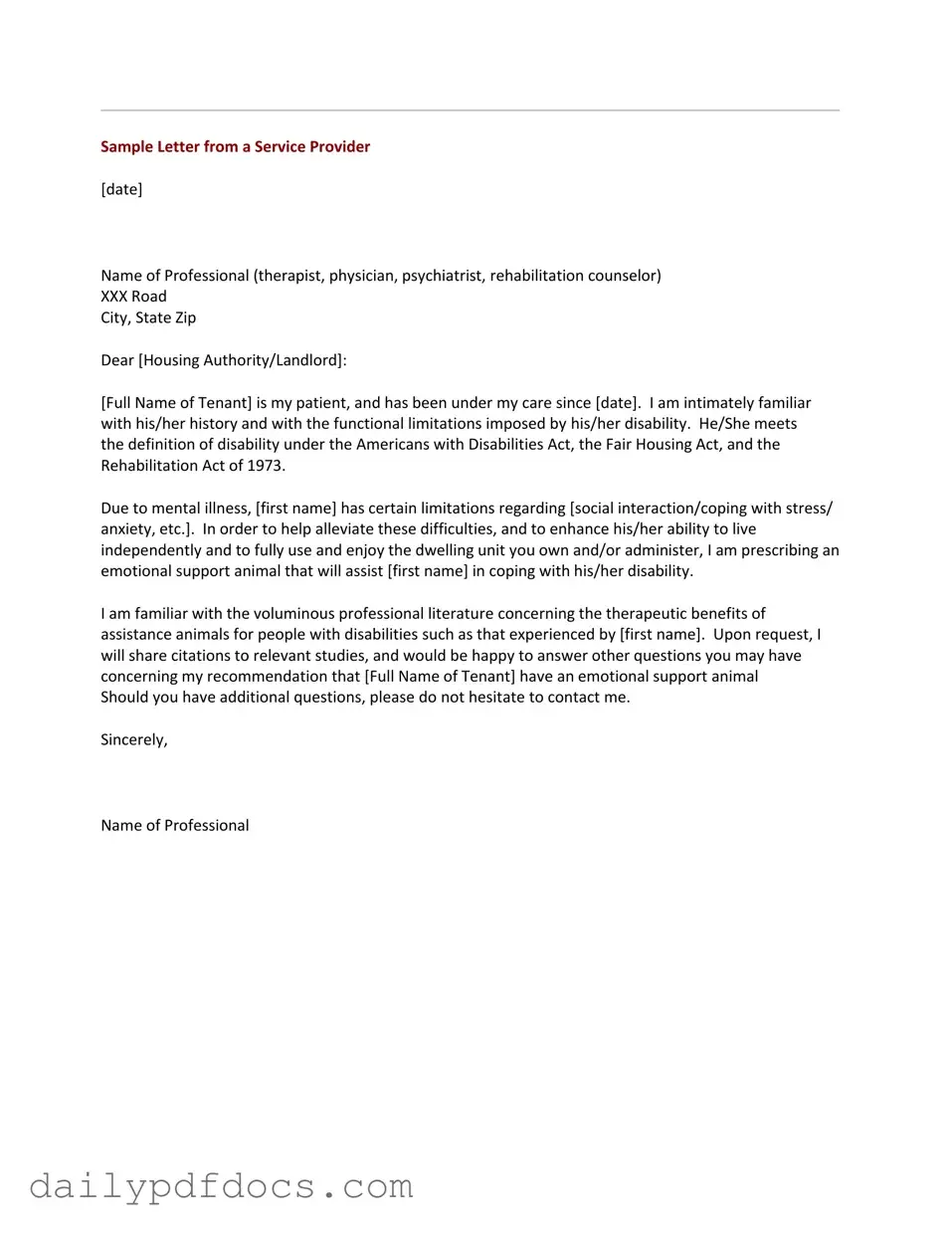 Fill Your Emotional Support Animal Letter Form