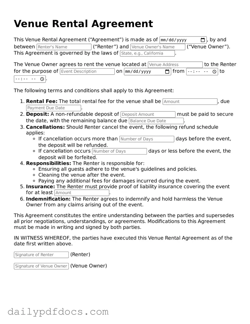 Free Venue Rental Agreement Template