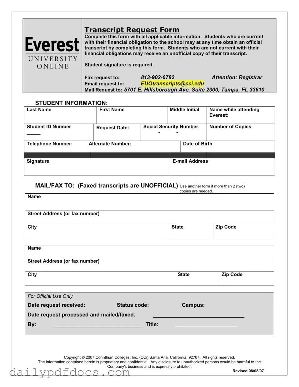 Fill Your Everest University Transcript Form