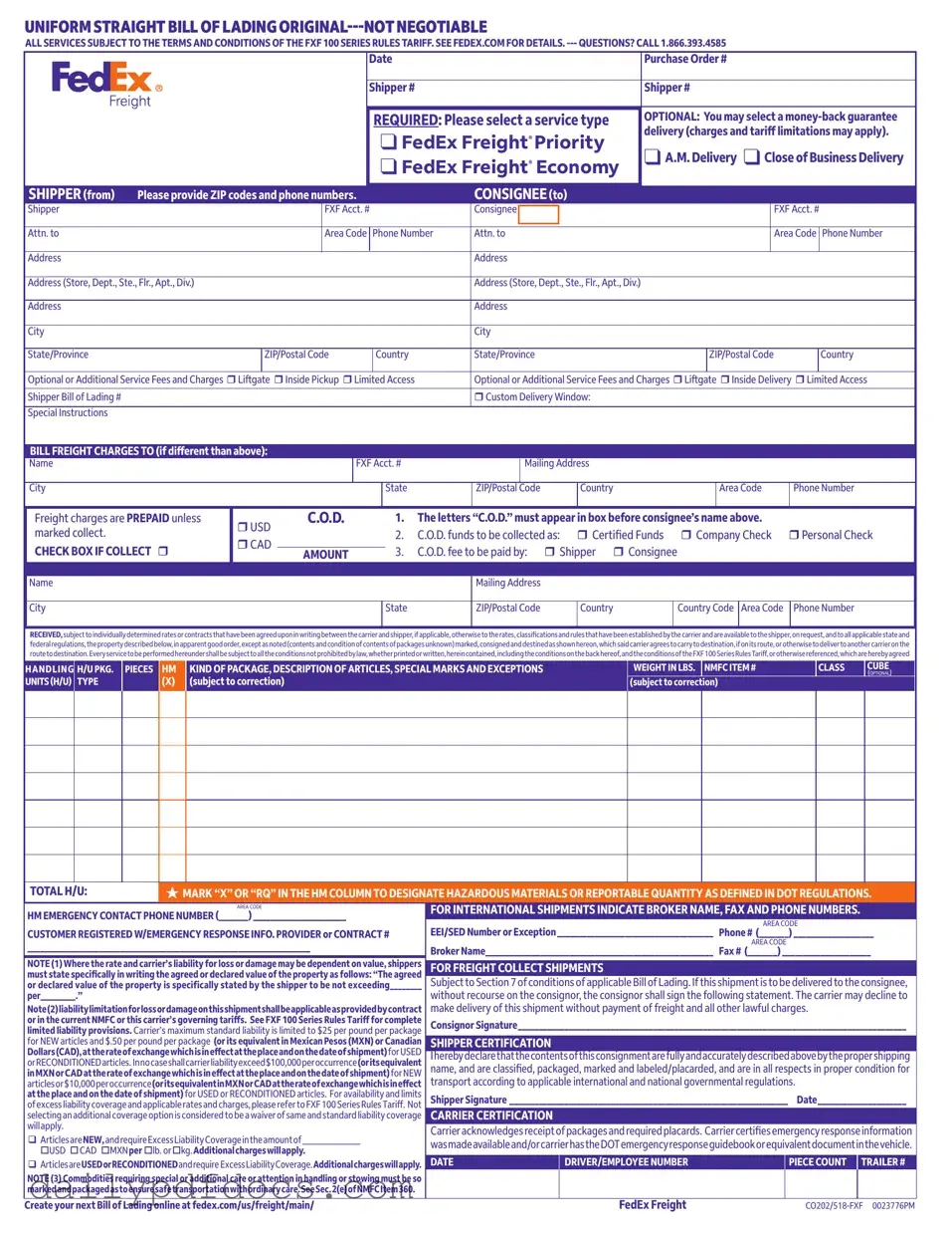 Fill Your Fedex Bill Of Lading Form