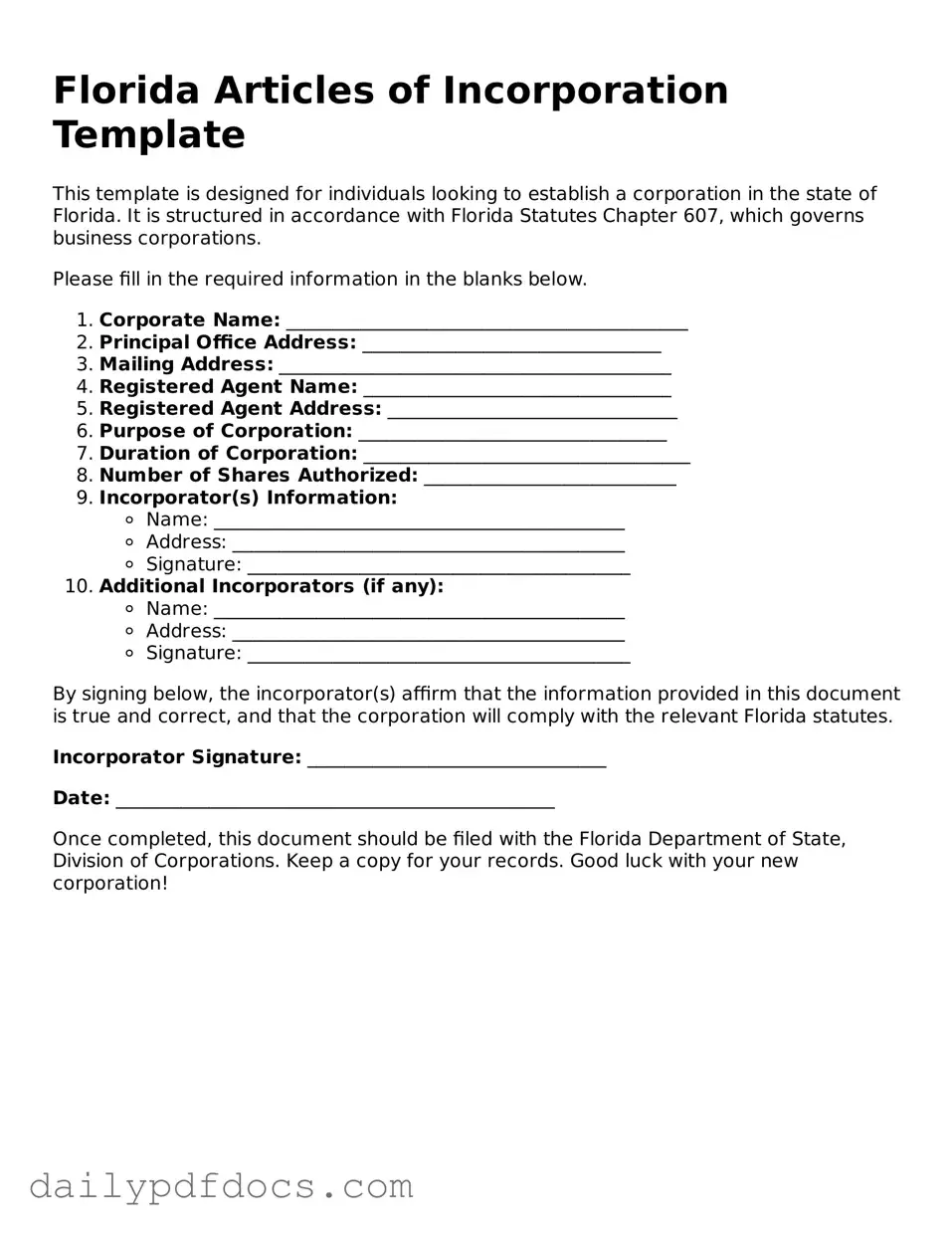Printable  Articles of Incorporation Document for Florida