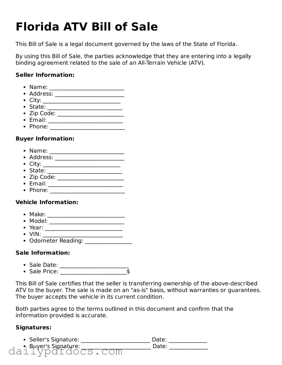 Printable  ATV Bill of Sale Document for Florida