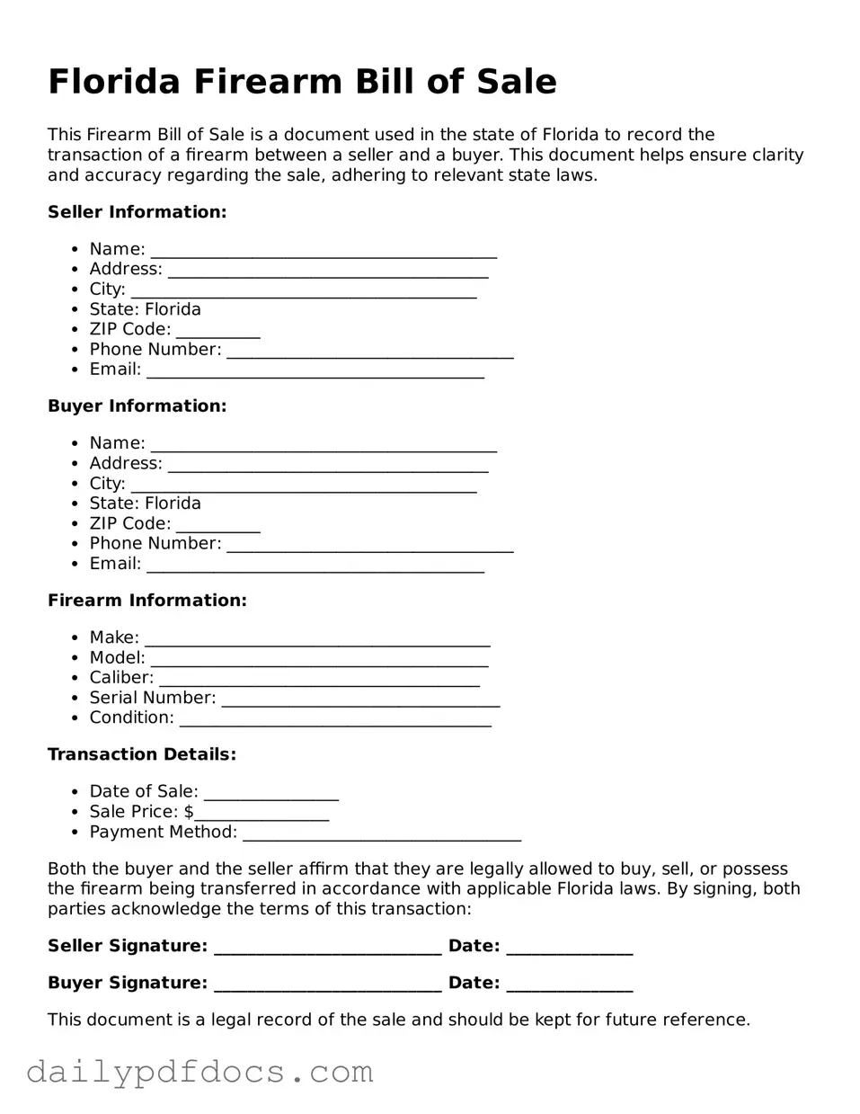 Printable  Firearm Bill of Sale Document for Florida