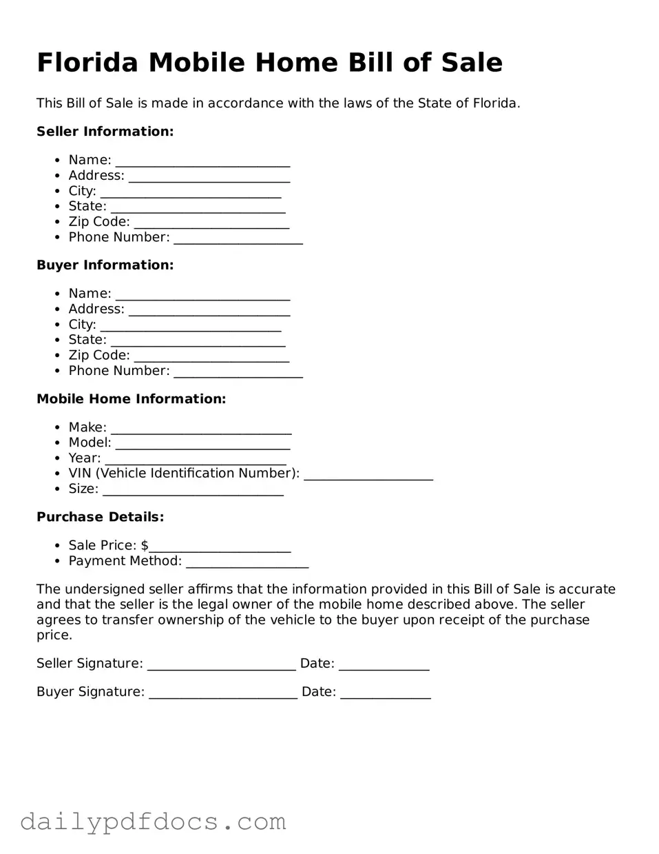Printable  Mobile Home Bill of Sale Document for Florida
