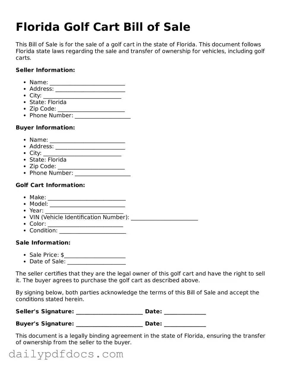 Printable  Golf Cart Bill of Sale Document for Florida