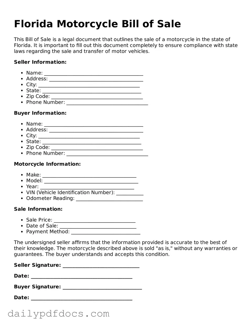 Printable  Motorcycle Bill of Sale Document for Florida