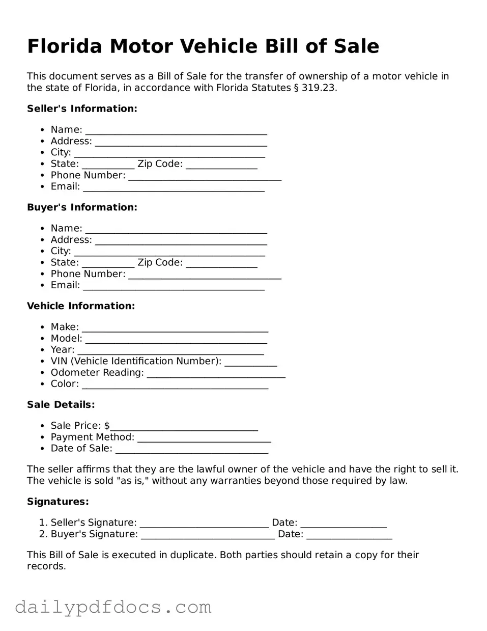 Printable  Motor Vehicle Bill of Sale Document for Florida