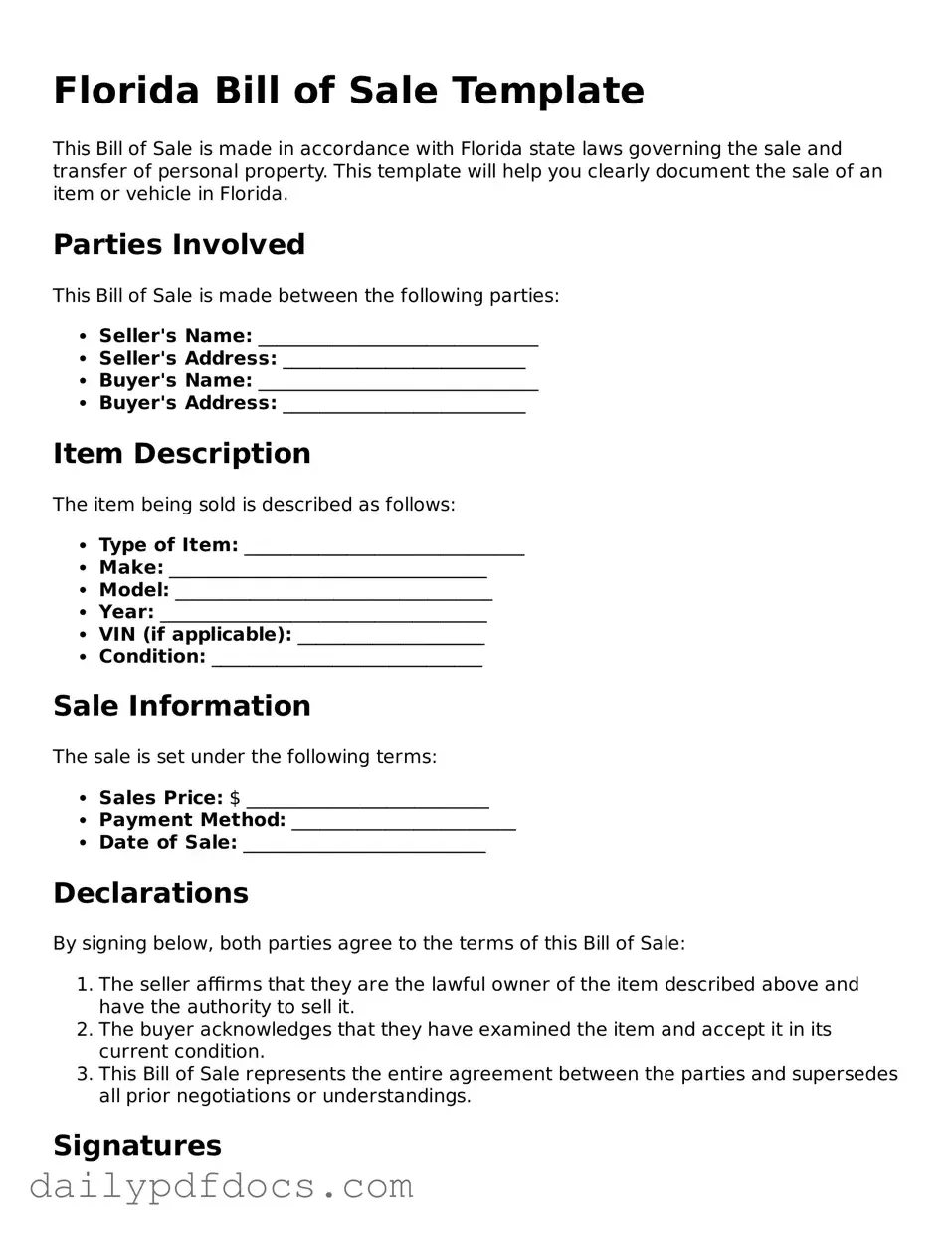 Printable  Bill of Sale Document for Florida