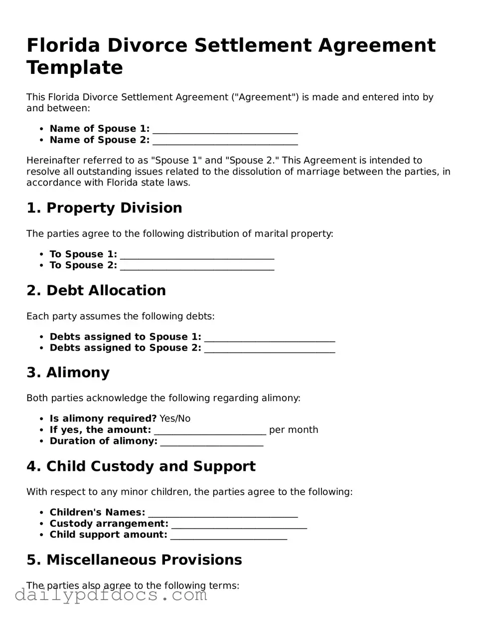 Printable  Divorce Settlement Agreement Document for Florida