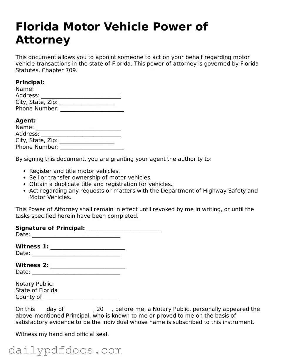 Printable  Motor Vehicle Power of Attorney Document for Florida