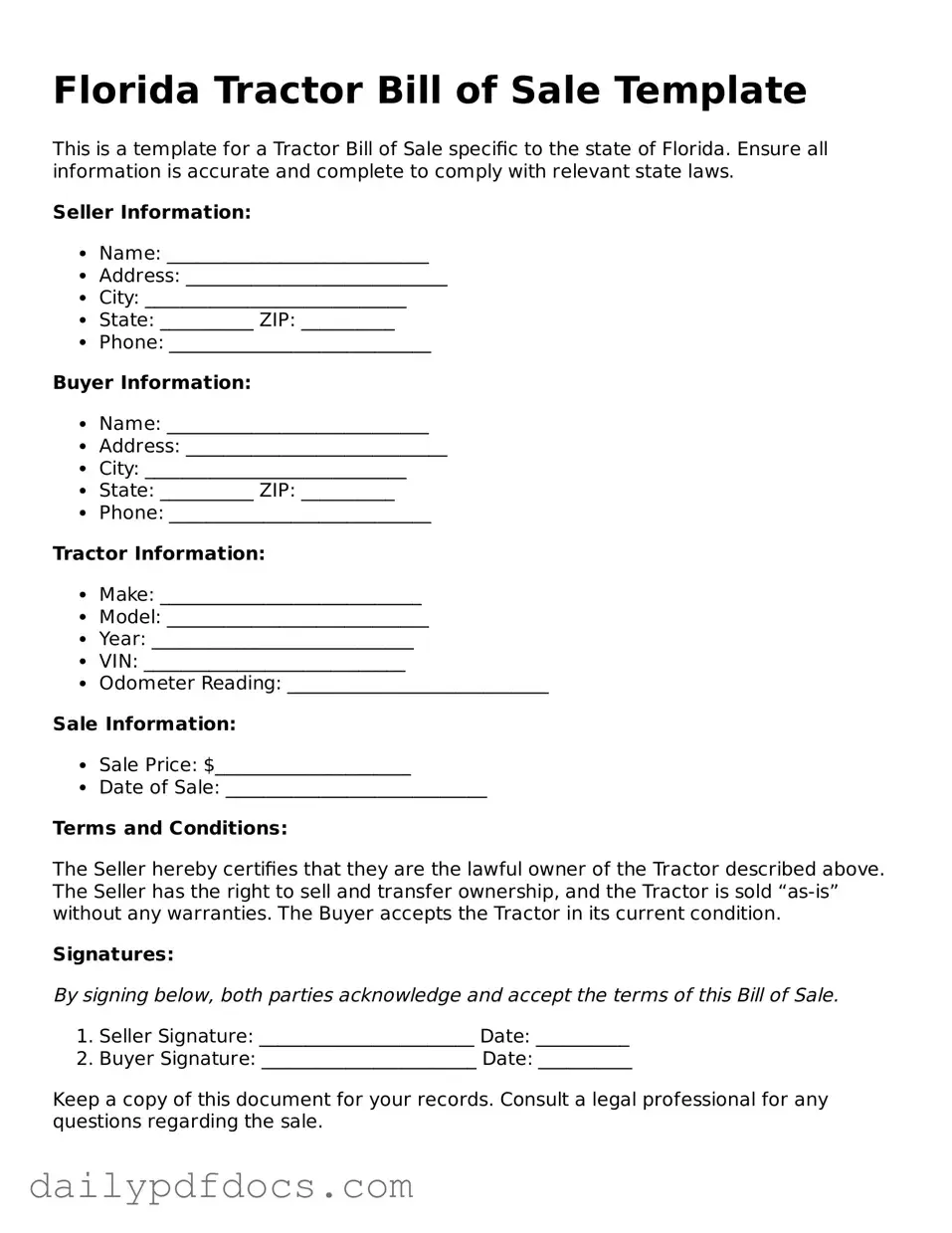 Printable  Tractor Bill of Sale Document for Florida