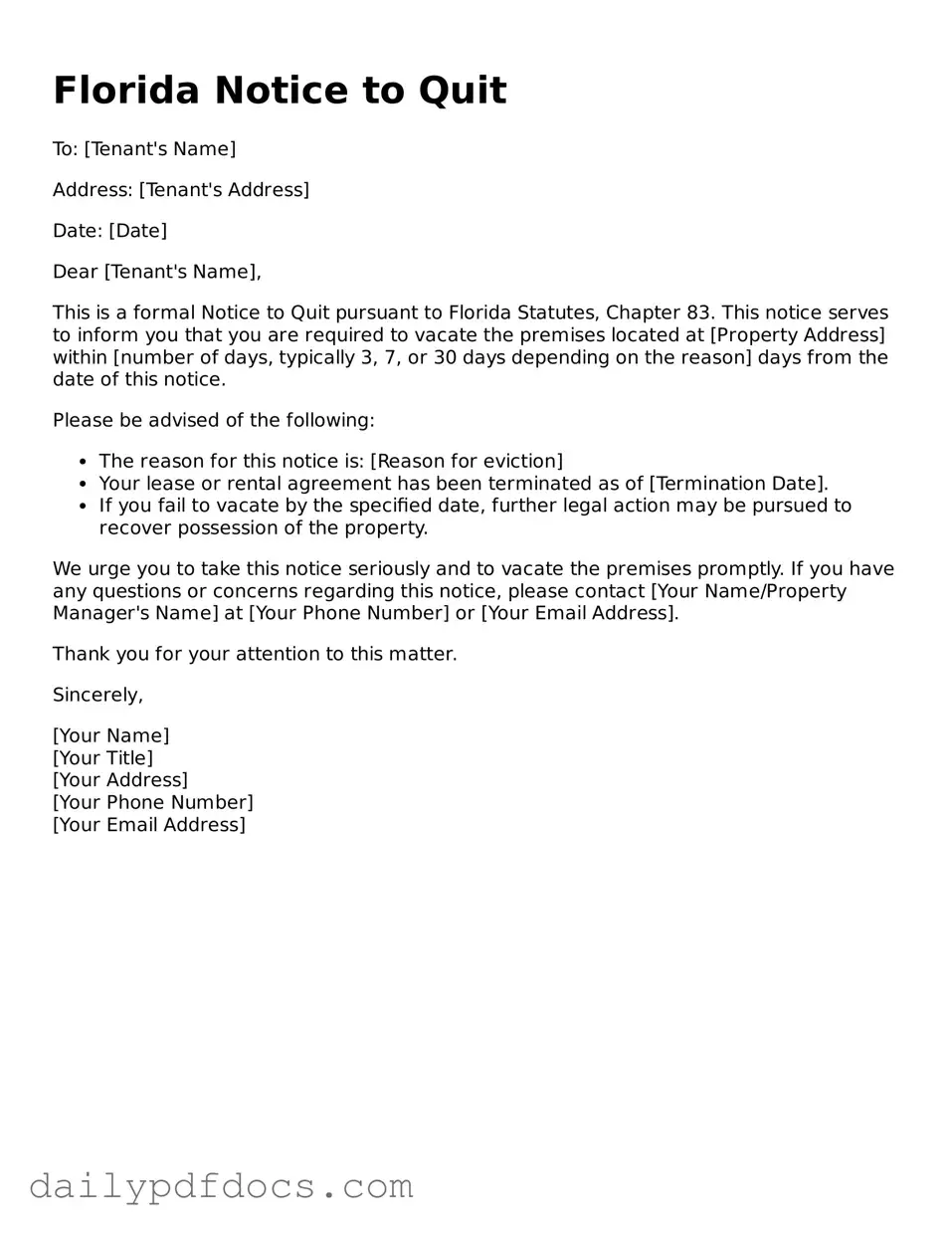 Printable  Notice to Quit Document for Florida