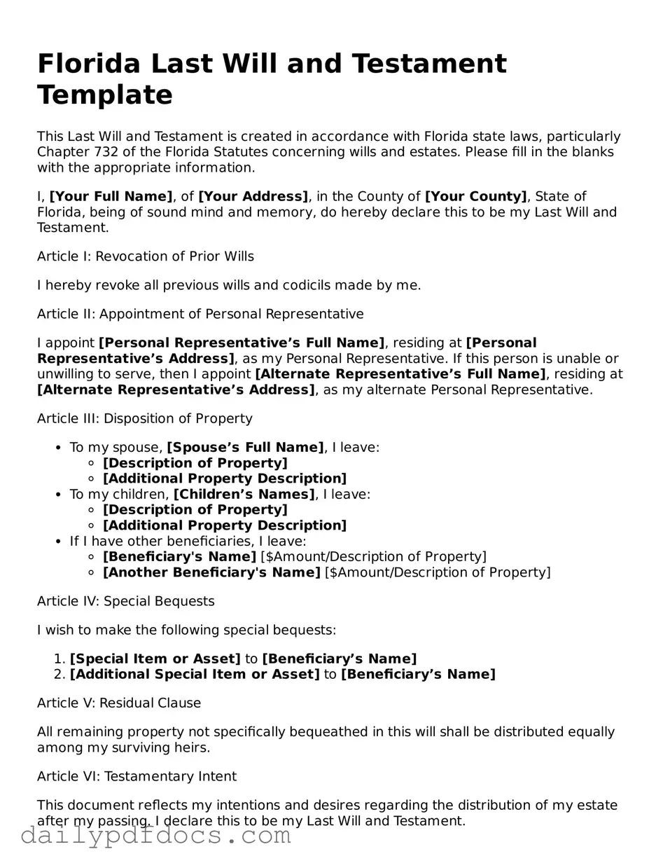 Printable  Last Will and Testament Document for Florida