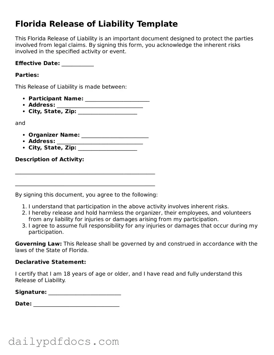 Printable  Release of Liability Document for Florida