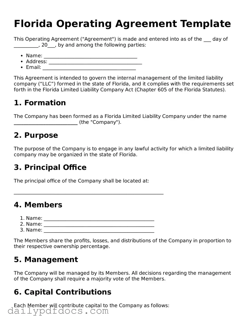Printable  Operating Agreement Document for Florida