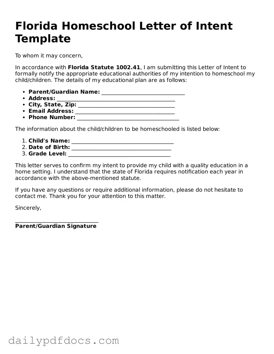 Printable  Homeschool Letter of Intent Document for Florida