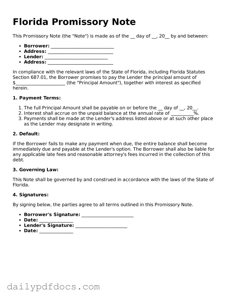 Printable  Promissory Note Document for Florida