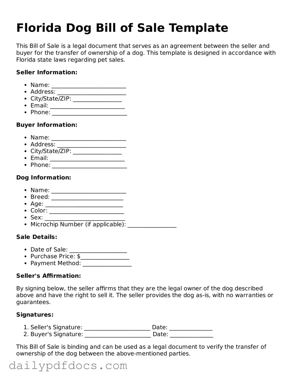 Printable  Dog Bill of Sale Document for Florida
