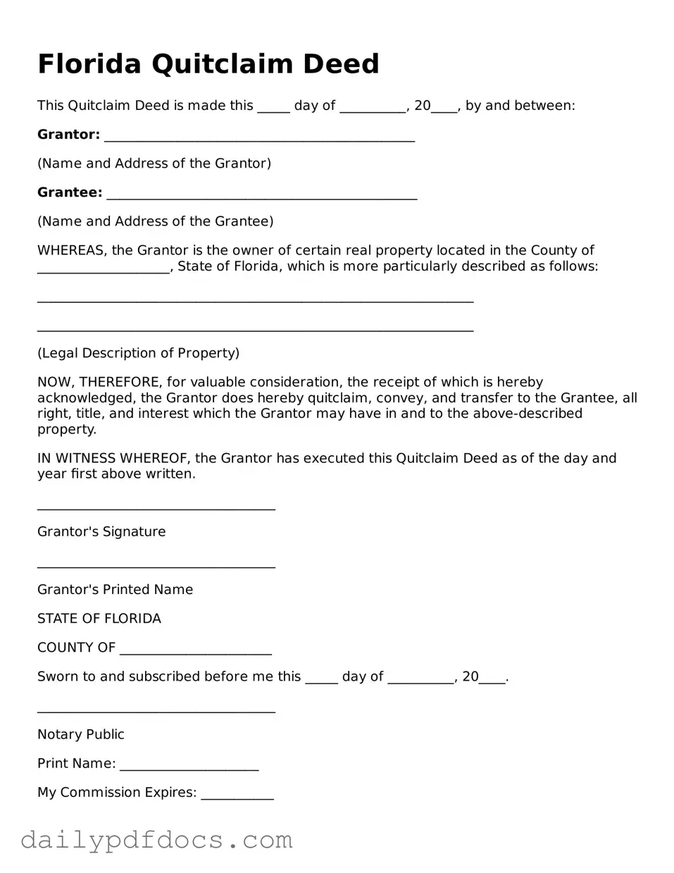 Printable  Quitclaim Deed Document for Florida