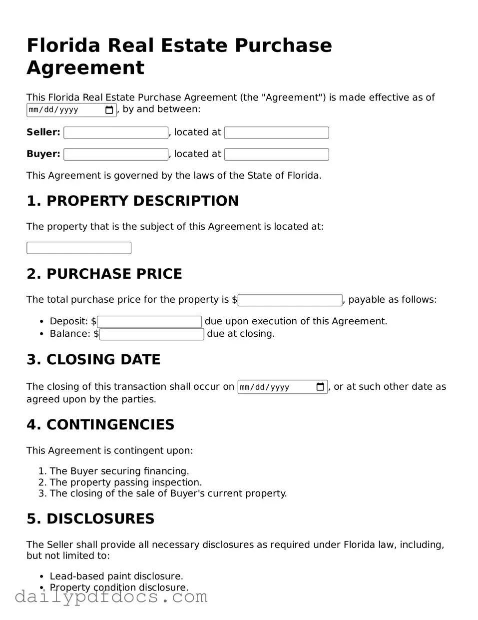 Printable Real Estate Purchase Agreement Document for Florida