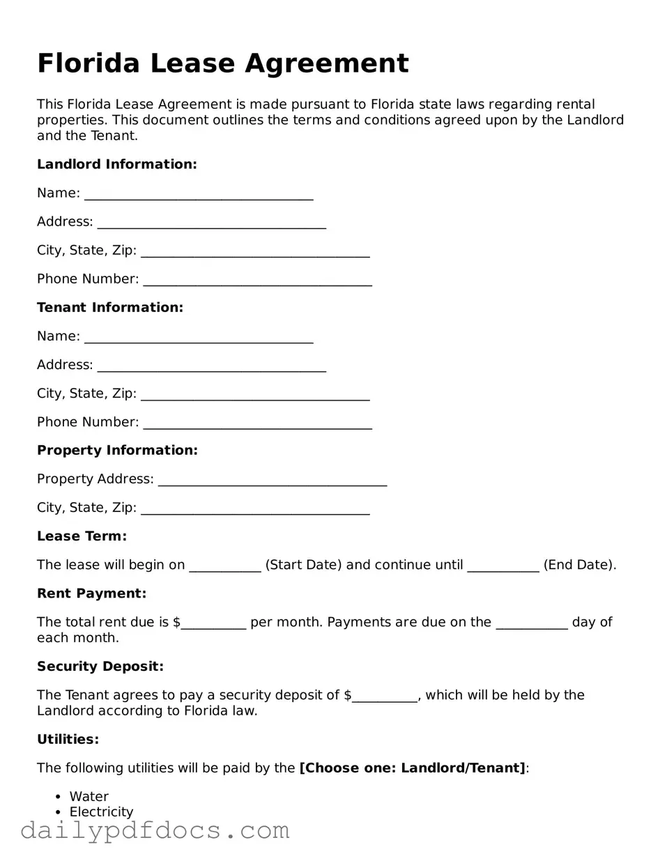 Printable  Lease Agreement Document for Florida
