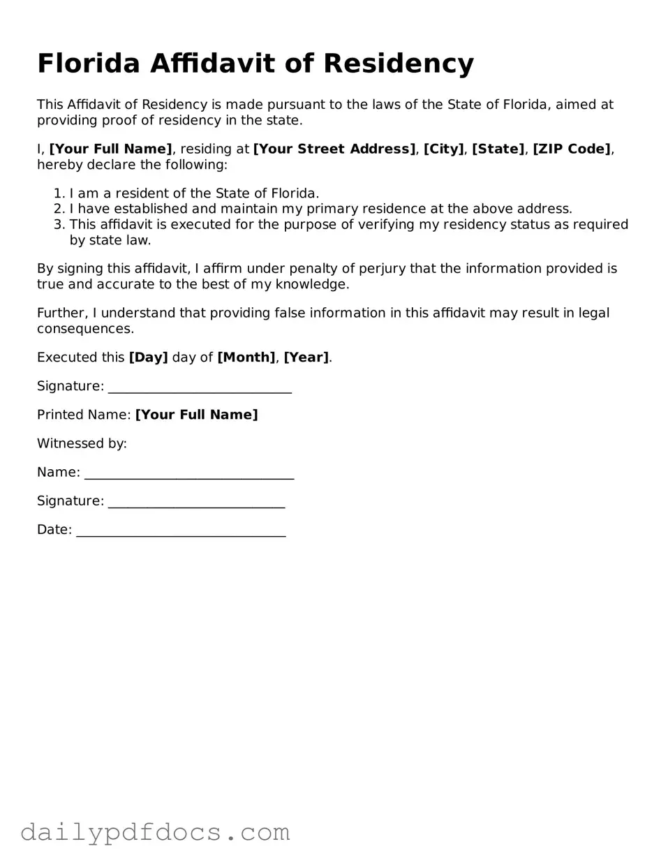 Printable  Affidavit of Residency Document for Florida