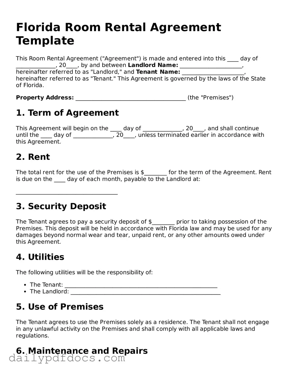 Printable  Room Rental Agreement Document for Florida