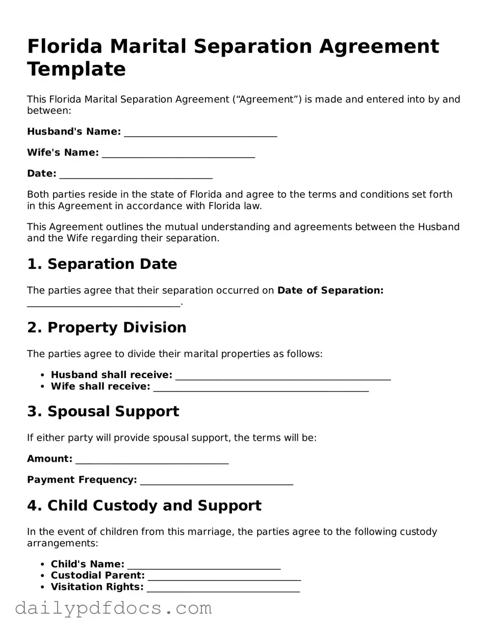 Printable  Marital Separation Agreement Document for Florida