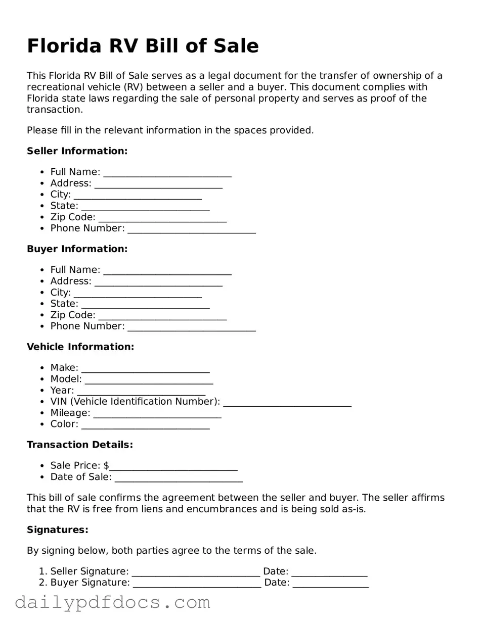 Printable  RV Bill of Sale Document for Florida